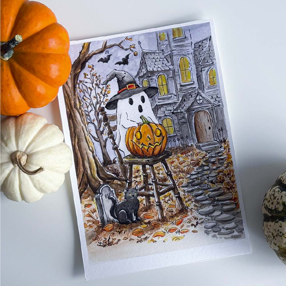 Printable Halloween Coloring Page – Cute Ghost, Pumpkin & Haunted House Sketch (PDF Download) - Image 2