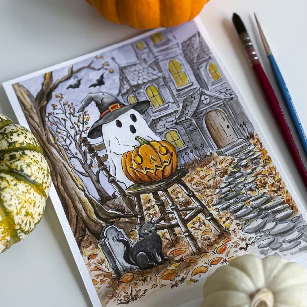 Printable Halloween Coloring Page – Cute Ghost, Pumpkin & Haunted House Sketch (PDF Download) - Image 3