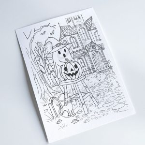 Printable Halloween Coloring Page – Cute Ghost, Pumpkin & Haunted House Sketch (PDF Download)
