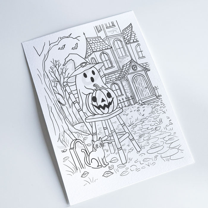 Printable Halloween Coloring Page – Cute Ghost, Pumpkin & Haunted House Sketch (PDF Download)