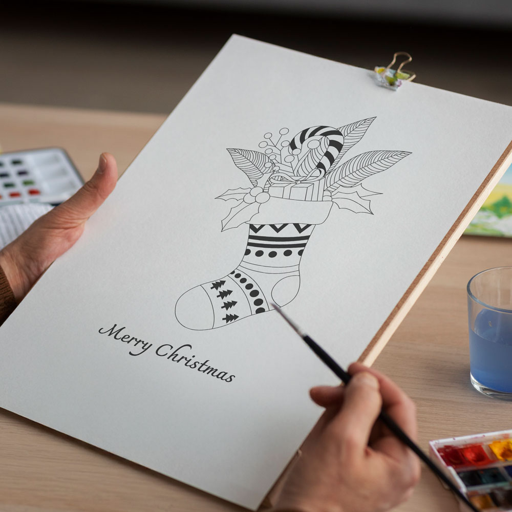 Printable Christmas Stocking Coloring Page – Festive Holiday Card Sketch (PDF Download)
