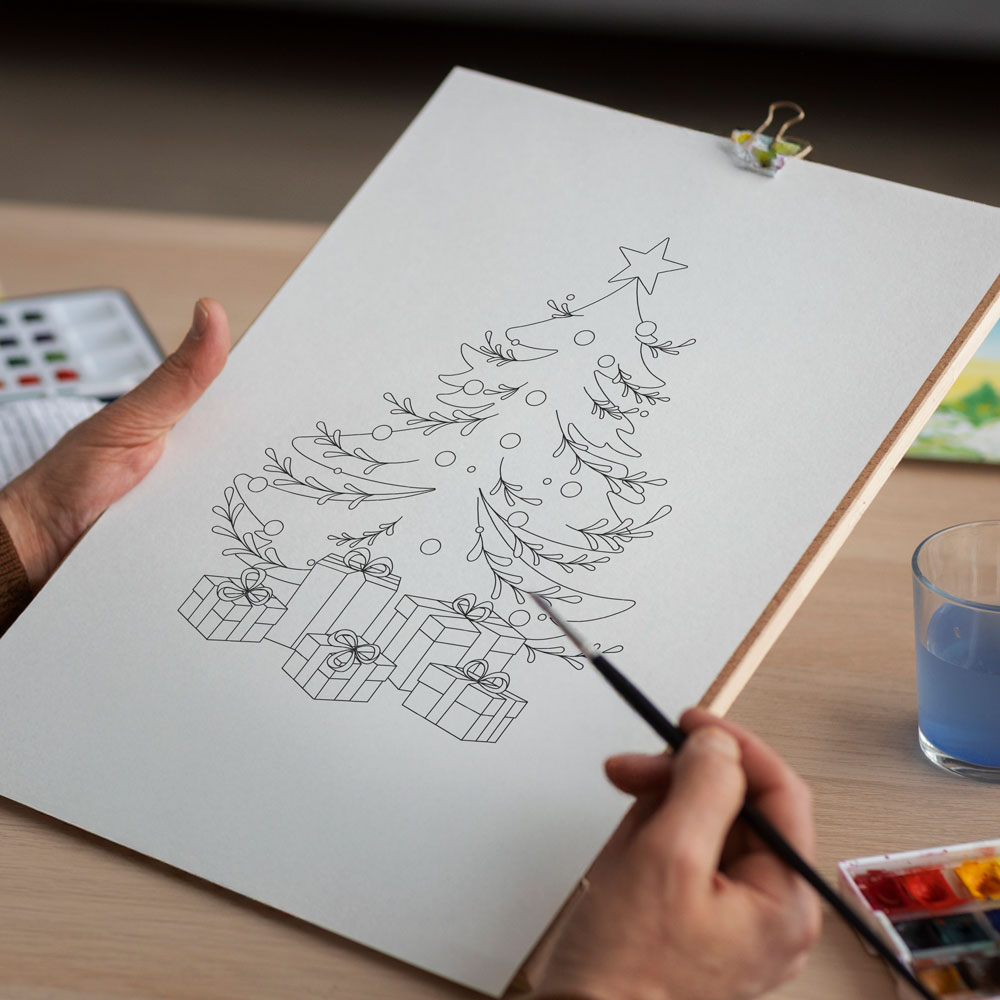 Printable Christmas Tree Coloring Page – Holiday Card Sketch with Gifts (PDF Download)