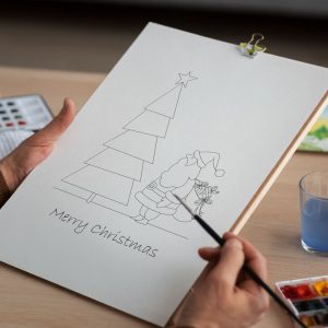 Printable Christmas Card Coloring Page – Santa and Christmas Tree Sketch (PDF Download)