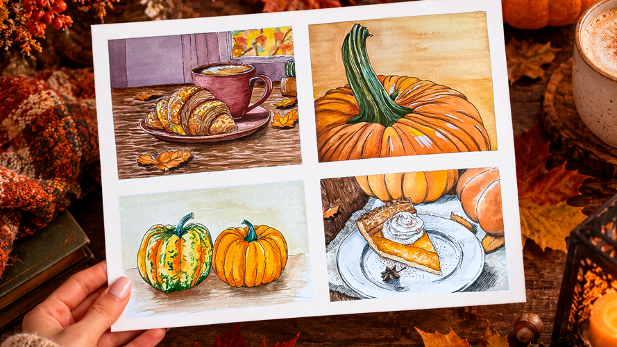 Easy Autumn Painting Tutorials: Pumpkins, Coffee & Croissant, & Pumpkin Pie
