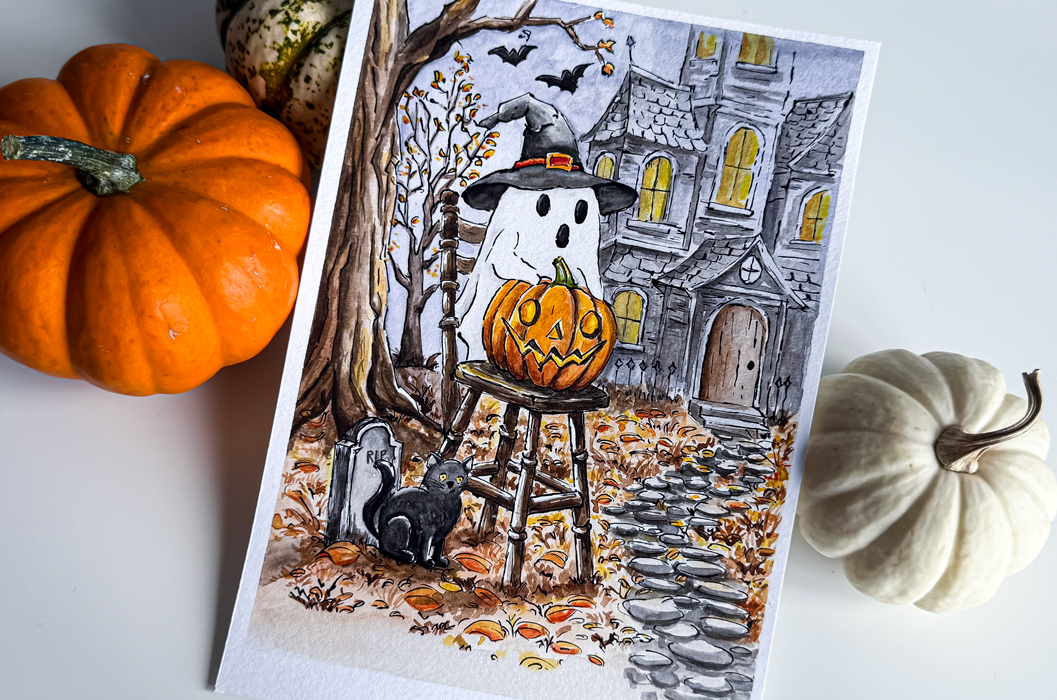 Spooky Halloween Watercolor Painting Tutorial: Haunted House, Ghost, Pumpkin & Cat